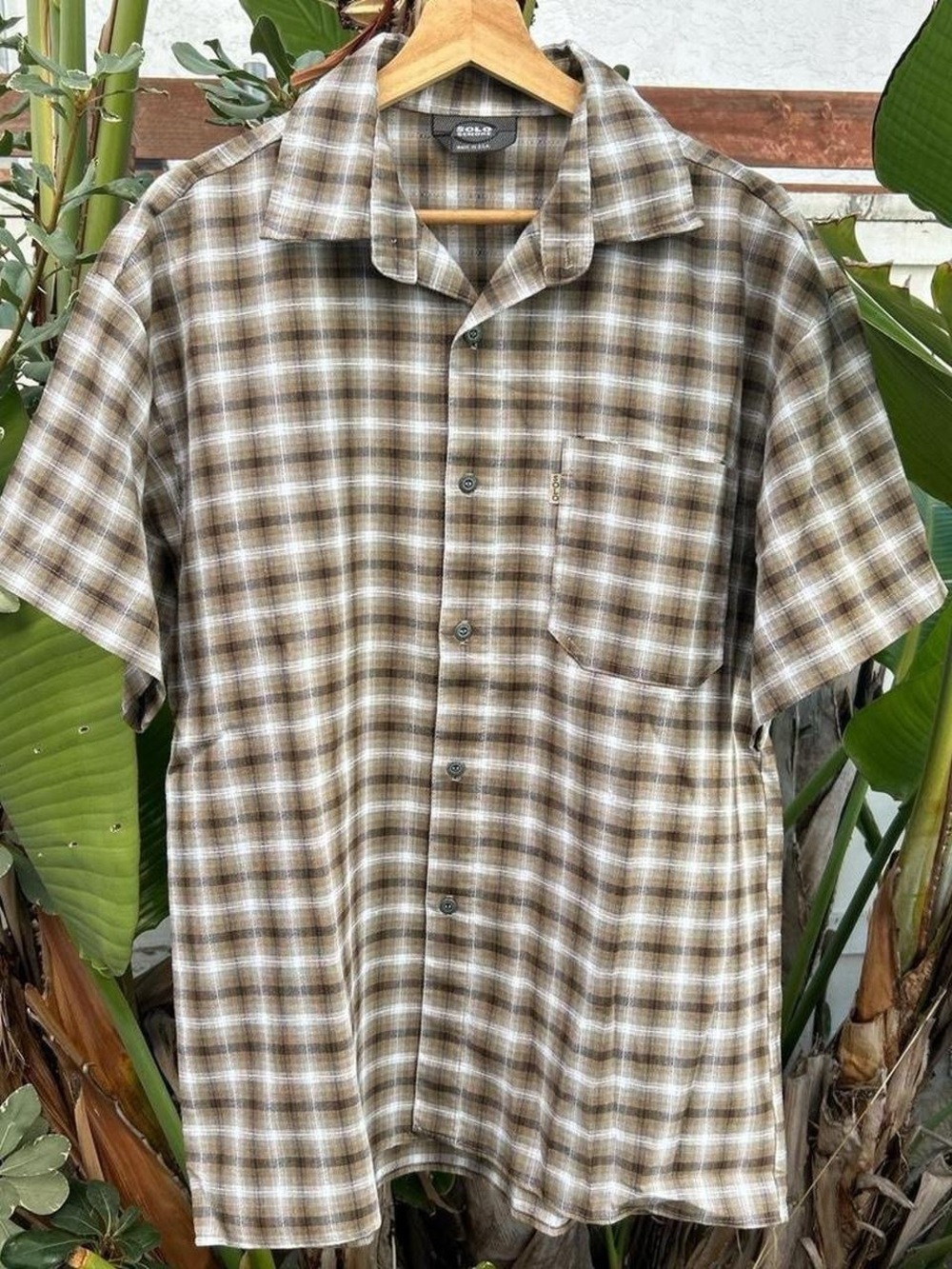 Vintage 1990s Solo Semore Brown Plaid Camp Collar Shirt USA Large